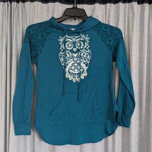 Juniors Hoodie Top Girls S Jerry Leigh Long Sleeve Teal Green Owl Print Lace